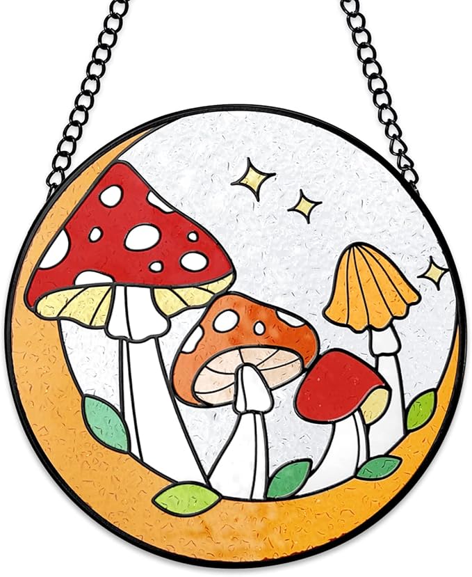Tuitessine Mushroom Stained Glass Suncatcher Moon Toadstools Window Wall Hanging Ornament Hand-Painted Glass Panel Decor for Home Gift for Nature Plant Mushroom Lovers 6.3"*6.3"