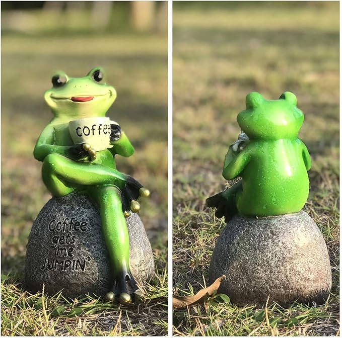 OwMell Frog Statue for Garden, Drinking Coffee Green Frog Figurine for Outdoor Decor Yard and Garden Decoration Resin Sculpture 6 Inches