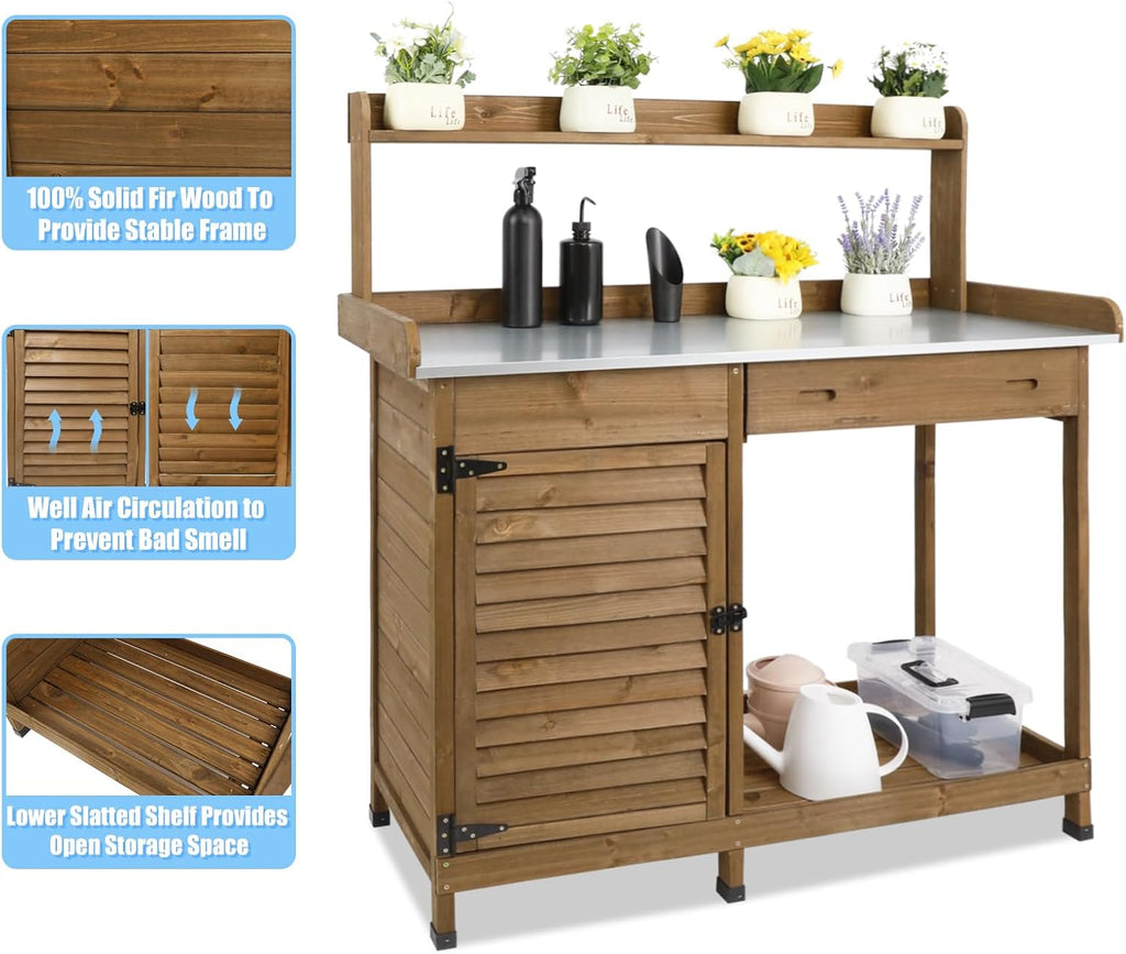 Outdoor Garden Potting Bench Table, 41" L Wooden Potting Table Work Bench for Horticulture, Waterproof Workstation Table with Metal Tabletop/Cabinet/Drawer/Open Shelf (Brown)