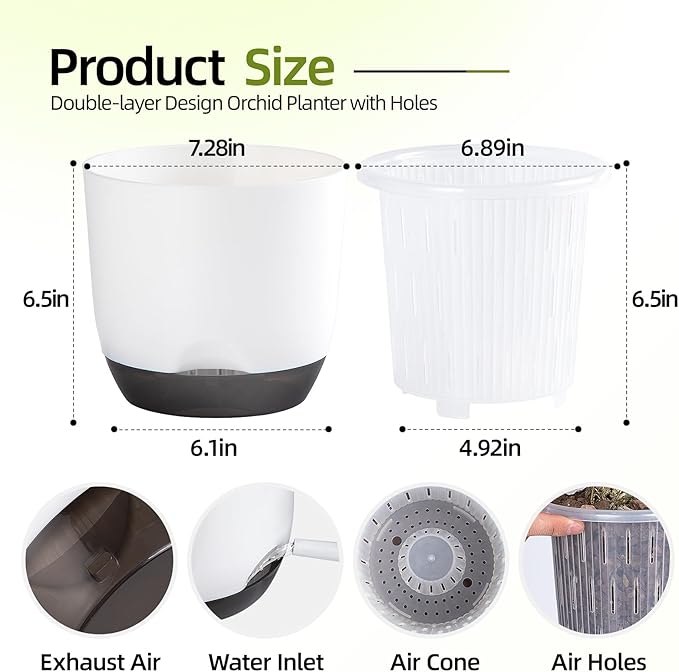 QCQHDU 2 Pack Orchid Pots with Holes for Repotting, Double-Layer and Self Watering Orchid Pot with Good Air Circulation