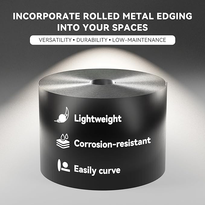 Worth Galvanized Steel Landscape Edging 10" x25' Metal Garden Edging Roll Flexible Bender Border with 8Pcs Stakes for Lawn, Flower Bed Edges, Black