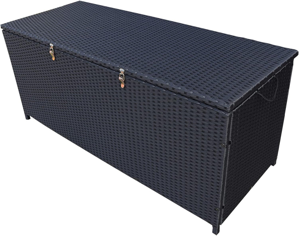 Oakland Living Dark Black Indoor and Outdoor Balcony Patio Deck Porch Pool 113 Gallon Wicker Storage Box Trunk Bin with Metal Frame