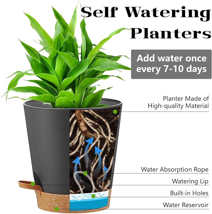 Self Watering Planters Plant Pots Indoor Flower Planting PotsP For Houseplants, African Violet, Flowers, Succulent,Cactus Outdoor Plant Pots with Drainage Holes Black Pots Gift Idea For Lazy people