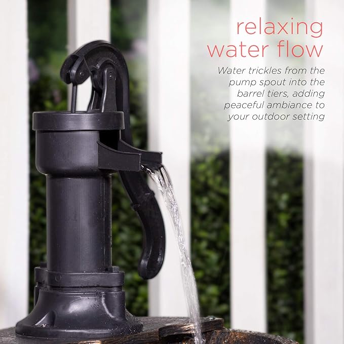 Alpine Corporation - Outdoor Rustic 2-Tiered Barrel and Pump Water Fountain – Bronze Finish, Relaxing Water Flow, Ideal for Garden, Patio, & Yard Décor, 27"H