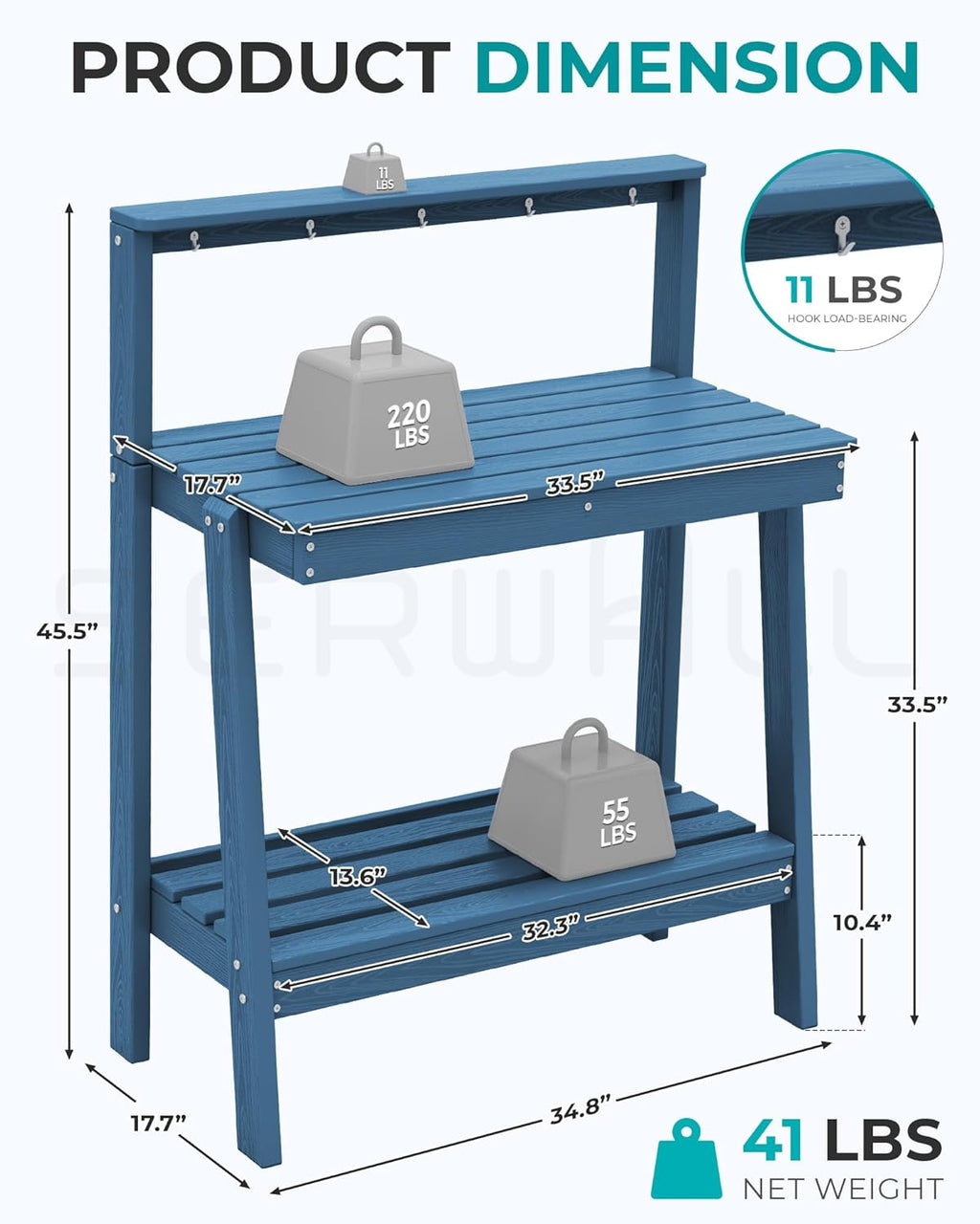 SERWALL Potting Bench Outdoor with Storage, 3-Tier HDPE Gardening Table with Angled Legs & Tool Hooks, All-Weather Heavy Duty Potting Table for Patio, Backyard, Garden, Blue