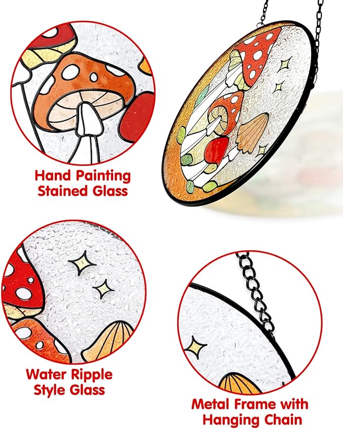 Tuitessine Mushroom Stained Glass Suncatcher Moon Toadstools Window Wall Hanging Ornament Hand-Painted Glass Panel Decor for Home Gift for Nature Plant Mushroom Lovers 6.3"*6.3"