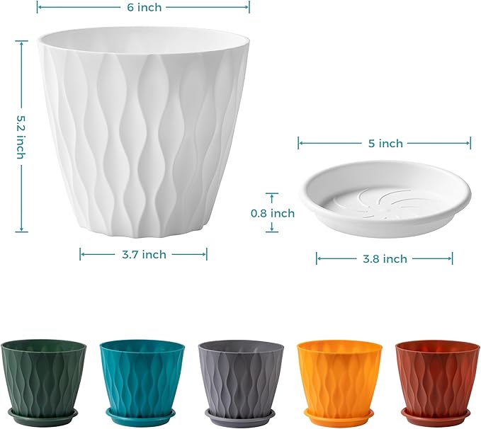 FaithLand 6-Pack 6-Inch Plastic Plant Pots with Saucers | Thickened PP Material, Modern Wave Texture, Enhanced Drainage for Indoor/Outdoor Garden Plants | White Value Set