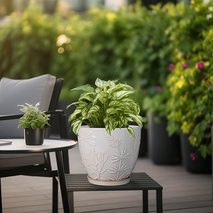 8 Inch Ceramic Pots for Plants Large Planter Pot with Drainage Hole and Saucer Round Flower Pot for Indoor Outdoor Decor, White