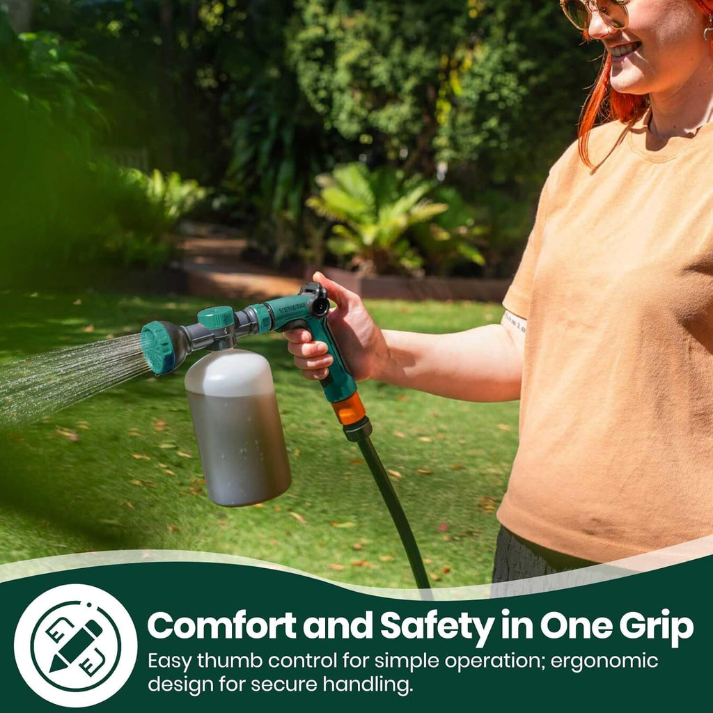 VENETIO 8-Dial Hose-End Sprayer Pro with Quick Connector for Liquid Fertilizer | Lawn and Garden Nozzle Spreader for Uniform Fertilizing, Pet Washing and Outdoor House Cleaning, 34oz Dispenser Bottle