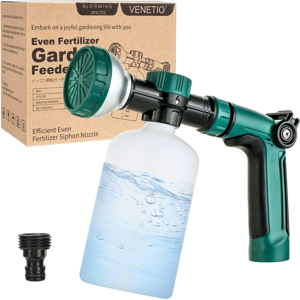 VENETIO 8-Dial Hose End Sprayer for Liquid Fertilizer/Soap | Precision Lawn, Yard & Garden Feeder with 16oz Bottle for Uniform Fertilizing and Watering Plants | Car, Dog Wash Hose Attachment Nozzle