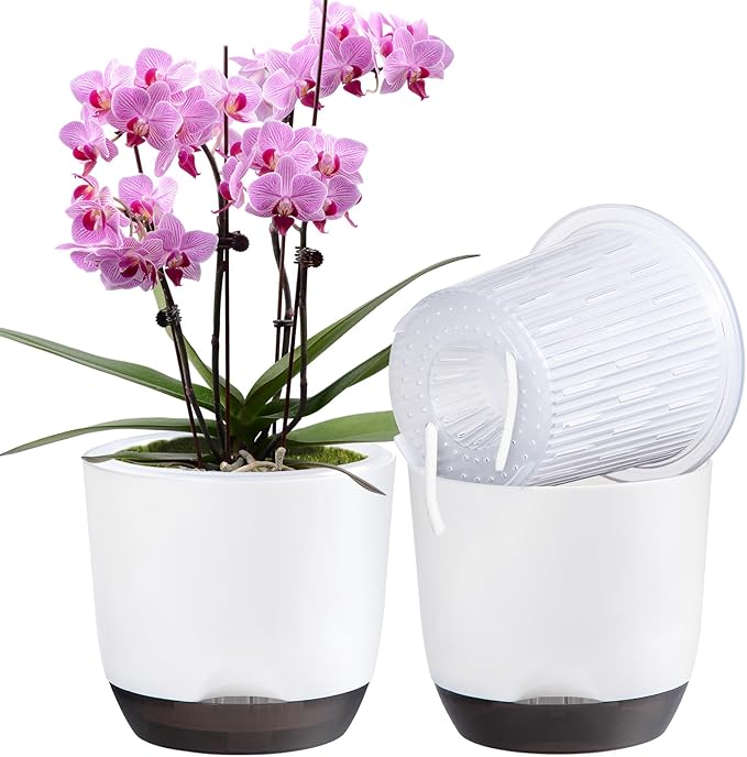 QCQHDU 2 Pack Orchid Pots with Holes for Repotting, Double-Layer and Self Watering Orchid Pot with Good Air Circulation