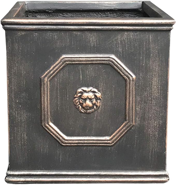 Kante Square Lion Head Concrete Planter, Classic English Style Plant Pot with Drainage Hole and Rubber Plug for Indoor Outdoor Garden Patio Home, 12.6"x12.6"x12.6" Oil Rubbed Bronze