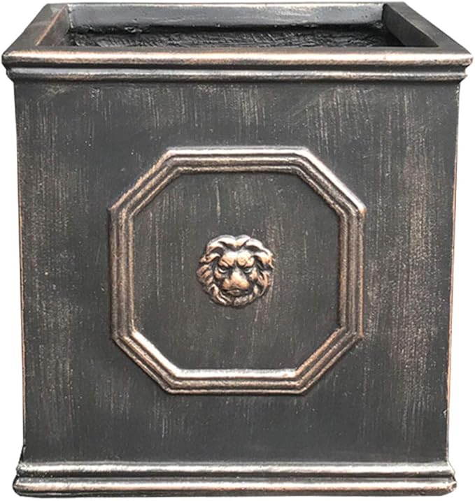 Kante Square Lion Head Concrete Planter, Classic English Style Plant Pot with Drainage Hole and Rubber Plug for Indoor Outdoor Garden Patio Home, 12.6"x12.6"x12.6" Metallic Chestnut