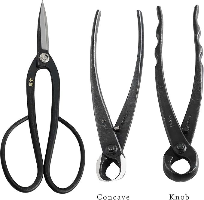 Wazakura Made in Japan 5PCS Bonsai Tool Kit with Roll Bag: Yasugi Steel Ashinaga Bonsai Scissors, Concave Branch Cutter, Knob Cutter, Wire Cutter, Tweezers - 5 Tools Ashinaga Set with Case