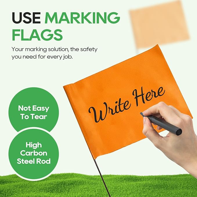 Zozen 50Pack Fluorescent Orange Marking Flags, Writable/15x4x5 Inch, Yard Flags for Lawn & Irrigation & Landscape & Sprinkler & Survey & Dog Training.