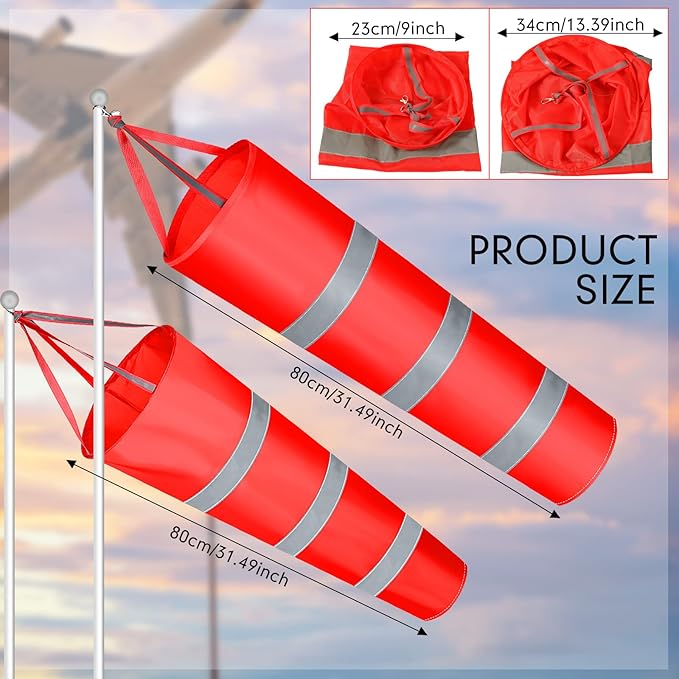 2 Pcs Airport Windsocks Measurement Sock Bag with Reflective Belt Oxford Fabric Ripstop Wind Sock Wind Direction Indicator Windsocks Outdoor Aviation Flag for Airport Farm, 31.5 Inch, 39 Inch(Red)