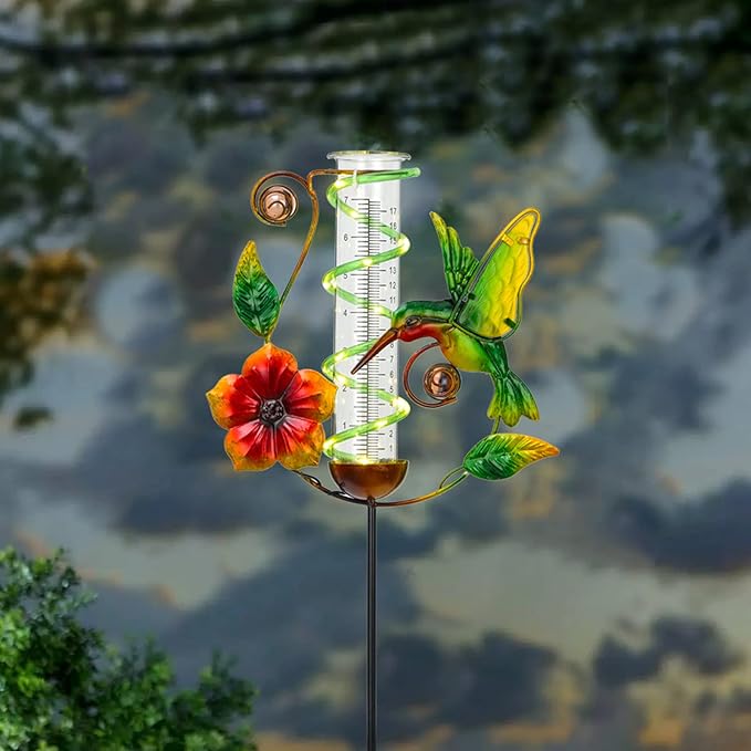 LEWIS&WAYNE 36.3” Hummingbird Rain Gauge Outdoor, 7” Glass Tube Solar Powered 10 Warm White LEDs Garden Metal Stakes Decorative Waterproof for Yard Garden Patio Lawn