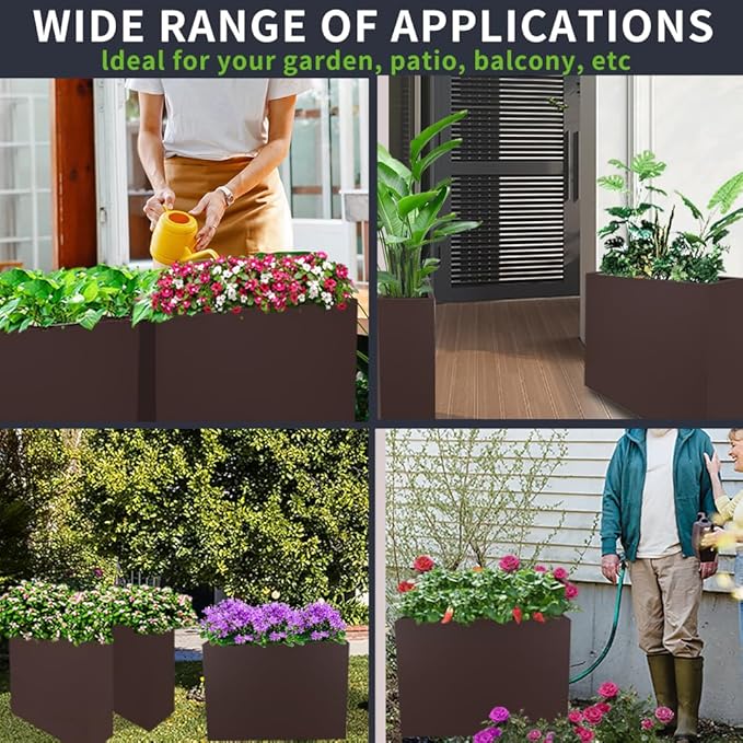 Metal Tall Long Planter Box Large Rectangular Planter Flower Pot with Drainage Holes for Indoor Outdoor Deck Porch Garden Home Patio Front Door (Espresso, S)
