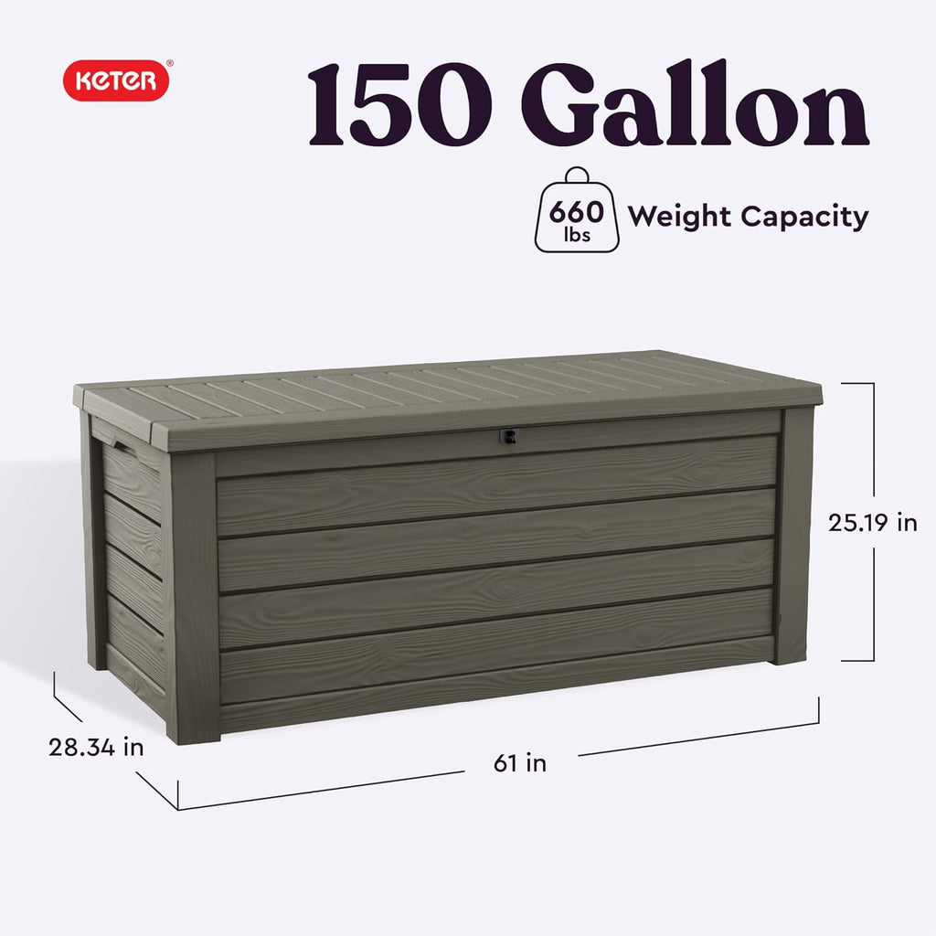 Keter Westwood 150 Gallon Resin Large Outdoor Storage Box for Patio Furniture, Outdoor Cushions, Garden Tools and Pool Floats, Mossy Brown