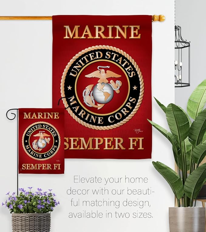 Marine Corps Garden Flag - Set Wall Holder Armed Forces USMC Semper Fi United State American Military Veteran Retire Official - House Banner Small Yard Gift Double-Sided Made In USA 13 X 18.5