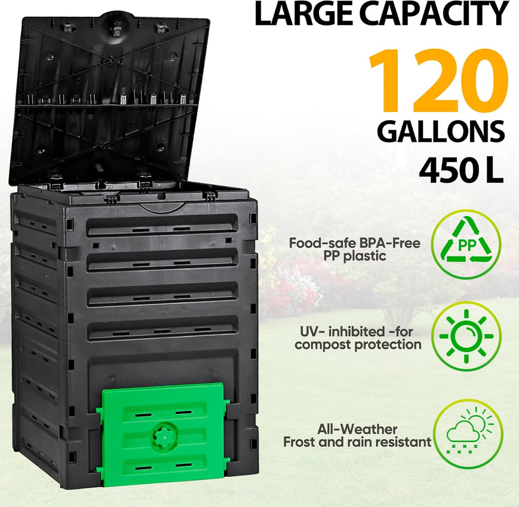F2C Compost Bin Outdoor Composter BPA Free Material -120 Gallon (450L) Large Compost Bin Aerating Outdoor Compost Box Easy Assembling, Lightweight, Fast Creation of Fertile Soil, Black
