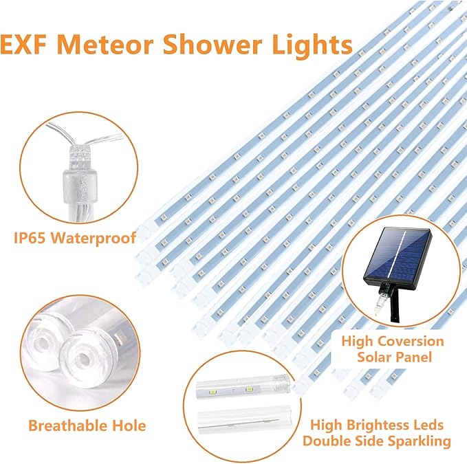 Solar Meteor Shower Lights,Solar Christmas Lights Outdoor Waterproof,16 Tubes 384 LEDs (Equivalent to 2 Sets of 8-Tube) Icicle String Light,LED Rain Drop Light for Tree Garden Decoration (Cool White)