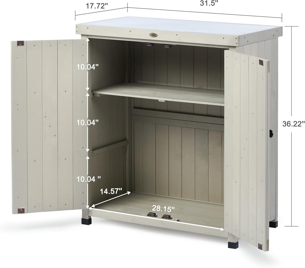 Outdoor Storage Cabinets Weatherproof for Patio, Garden Work Bench with Shelves & Metal Tabletop, Wooden Potting Table Workstation