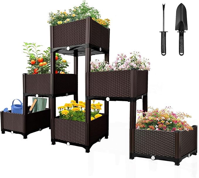 MAYOLIAH Raised Garden Bed with Drainage Elevated Planter Box Plastic Raised Beds for Gardening Vegetables Herb Flowers, Perfect for Indoor Outdoor Planting, 6 Boxes Brown