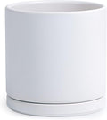 D'vine Dev 10 Inch Ceramic Planter Pot with Drainage Hole and Saucer, Indoor Cylinder Round Planter Pot, White, 94-O-E-1