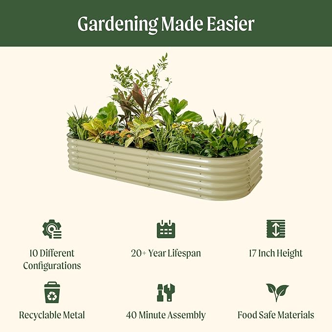Vego garden Raised Garden Bed Kit, 17" Tall 10 in 1 Modular Metal Planter Box for Vegetables, Flowers, Herbs, Pearl White