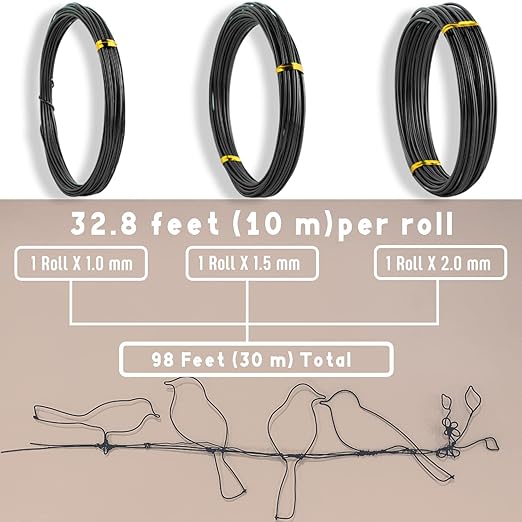 Sanlykate Bonsai Wire Tool Kit with Cutter, 3 Roll Tree Training Wires 98 Feet Total, 1.0mm, 1.5mm, 2.0mm Anodized Aluminum Wire Set, Hold Plant Branches Trunks - Black