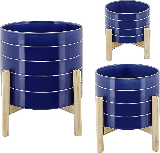 Sagebook Home 8" Planter on Stand - Ceramic Planter on Wooden Base - Contemporary Blue and White Striped Design Indoor or Outdoor Plant Stand Decor