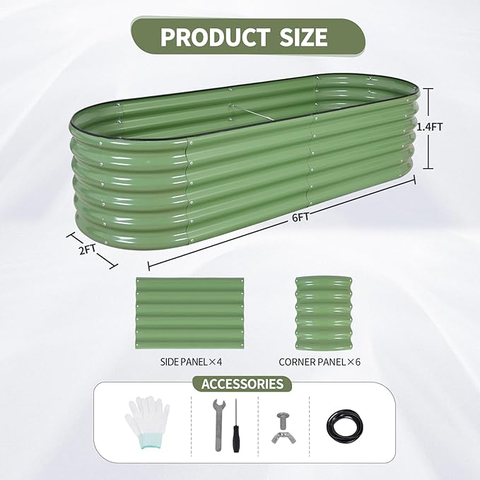 Galvanized Raised Garden Bed Outdoor- Raised Beds for Gardening| Metal Planter Box, Steel Raised Garden Bed Kit with Safety Edging and Gloves for Vegetables, Flower, Herbs (6x2x1.4FT, Green)