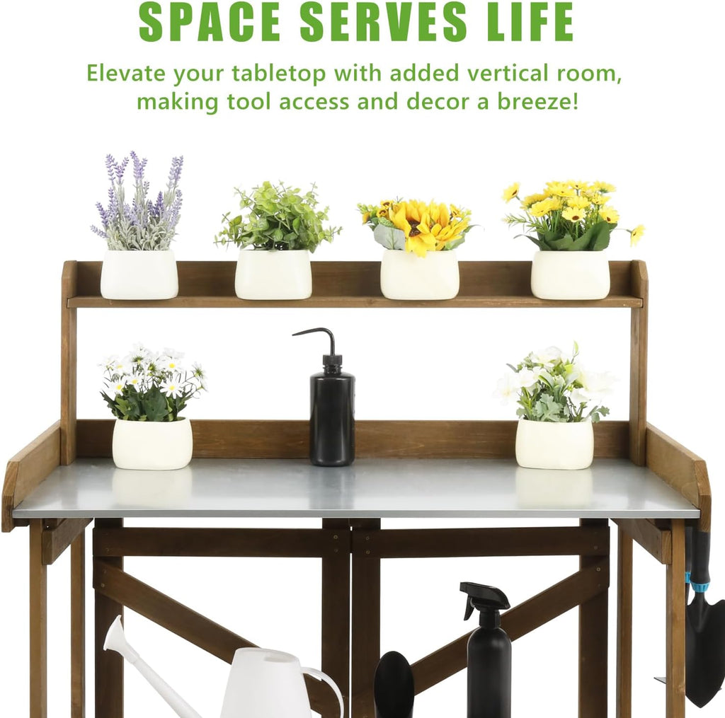 Folding Garden Potting Bench Table，Outdoor Wooden Work Station W/Metal Table Top,2 Tier Open Storage Rack,Top Shelf-Natural Stained