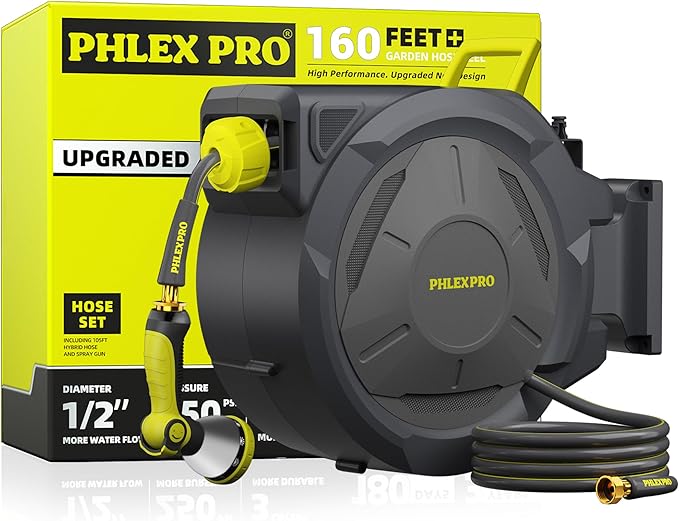 Retractable Garden Hose Reel 160Ft Extra Long, PHLEX PRO Heavy Duty Au ...