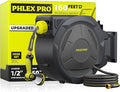 Retractable Garden Hose Reel 160Ft Extra Long, PHLEX PRO Heavy Duty Automatic Water Hose Reel Wall Mounted with 10 Pattern Nozzle, Any Length Lock, Slow Return System, 180°Swivel Bracket