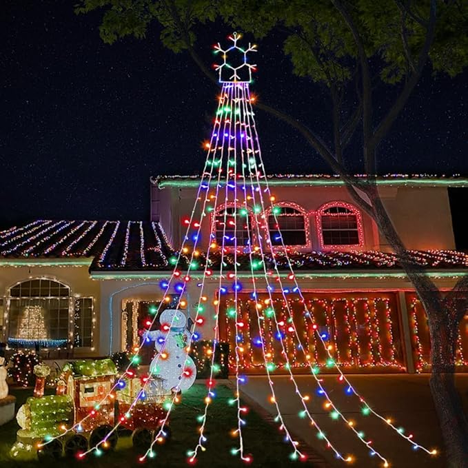 Outdoor Christmas Decorations String Lights, 320 LED 11.5 Ft Waterfall Tree Lights with Snowflake Topper 8 Lighting Modes Christmas Lights for Indoor Outdoor Yard Home Festival Xmas New Year Decor
