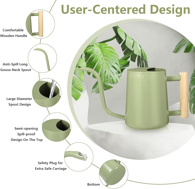 Watering Can Indoor Plants, 35oz Small Watering Can Indoor Stainless Steel Metal Watering Can Modern Decorative Watering Pot with Long Spout for Indoor House Plant Bonsai Garden Flowers (Sage Green)