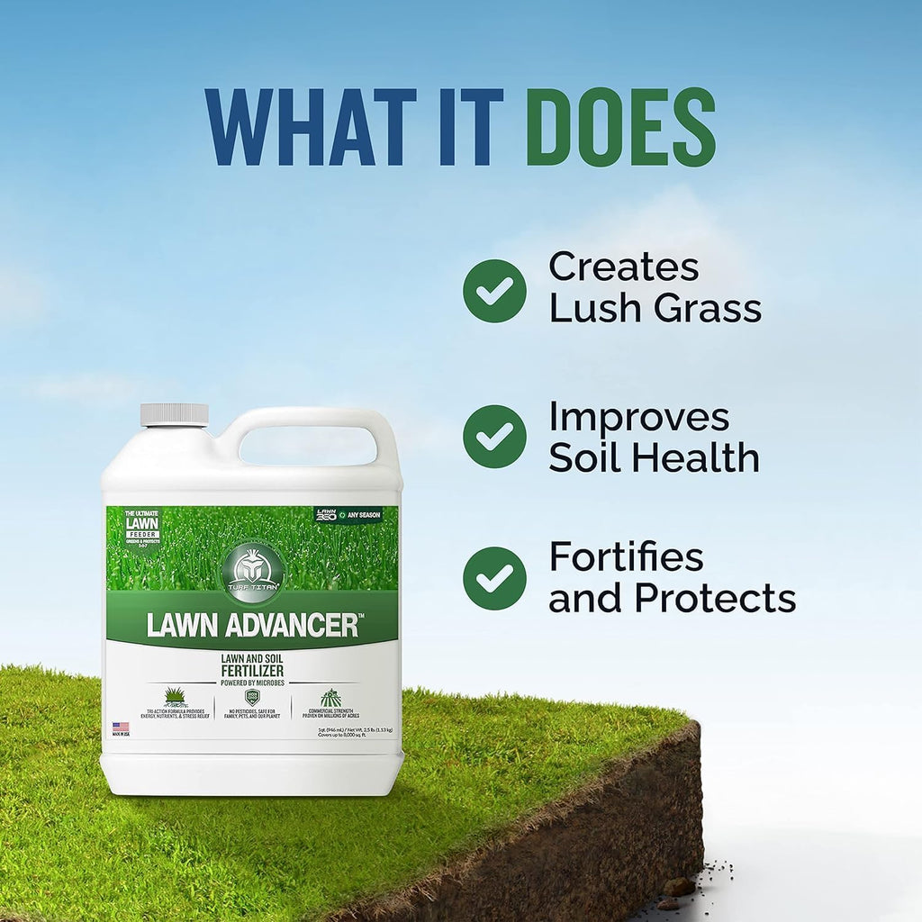 Turf Titan Lawn Advancer – Green Lawn Booster and Lawn Fertilizer (1 Gallon) – Fast Acting Grass Fertilizer w/Tri-Action Formula – Fertilizer Concentrate for Grass Growth - Covers up to 32,000 Sq Ft