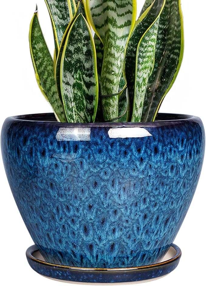 8 Inch Ceramic Plant Pot, Ceramic Planter Pot for Indoor Outdoor Plants, Round Flower Pot with Drainage Hole and Saucer, Blue
