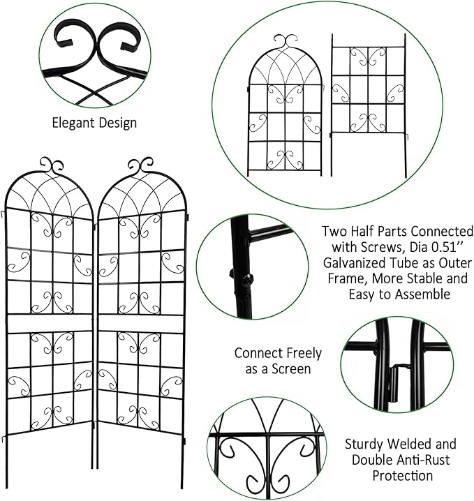 Metal Garden Trellis Rustproof Trellis for Climbing Plants Outdoor Flower Support (Black-4 Pack, 71"x19.7")
