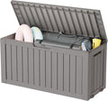 KAMABOKO Deck Box, 75 Gallon Resin Indoor and Outdoor Storage Boxes Waterproof for Garden Tools, Pool Accessories Storage Bench, Patio Furniture and Cushions with Lockable Lid, Grey