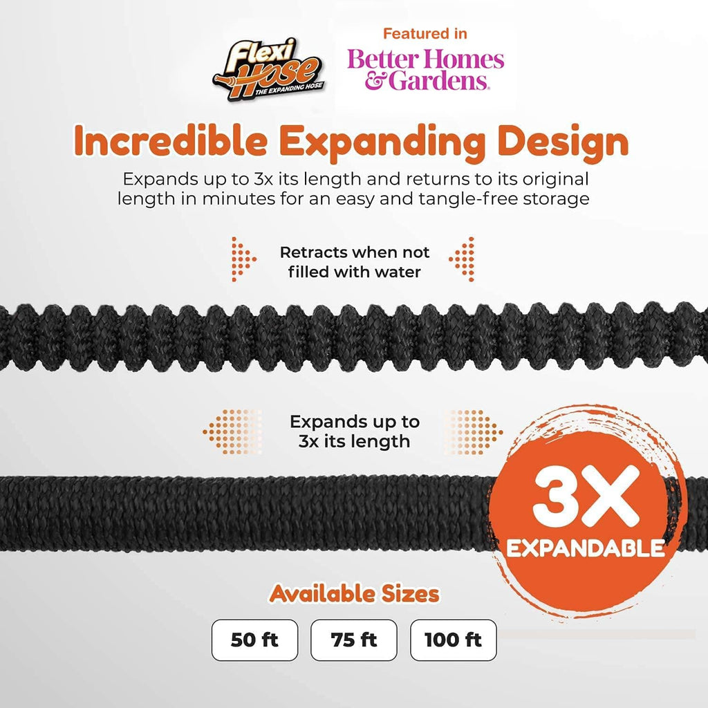 Flexi Hose Upgraded Expandable Garden Hose Extra Strength 3/4 Solid Brass Fittings - The Ultimate No-Kink Flexible Water Hose (Black, 50 FT)