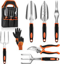Garden Tool Set with Non Slip Rubber Grip,8 Piece Stainless Steel Gardening Tool Sets,Heavy Duty Outdoor Hand Tools Durable Storage Tote Bag,Uprooting Weeding Tool, Gifts for Women Men(Orange)