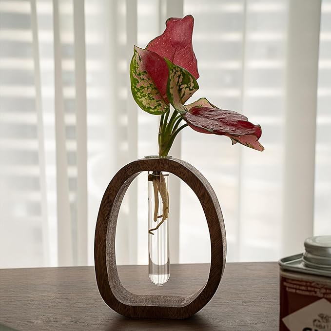 Modern Wooden Glass Test Tube Vase - Desk Plant Decor, Suitable for Home and Office Use