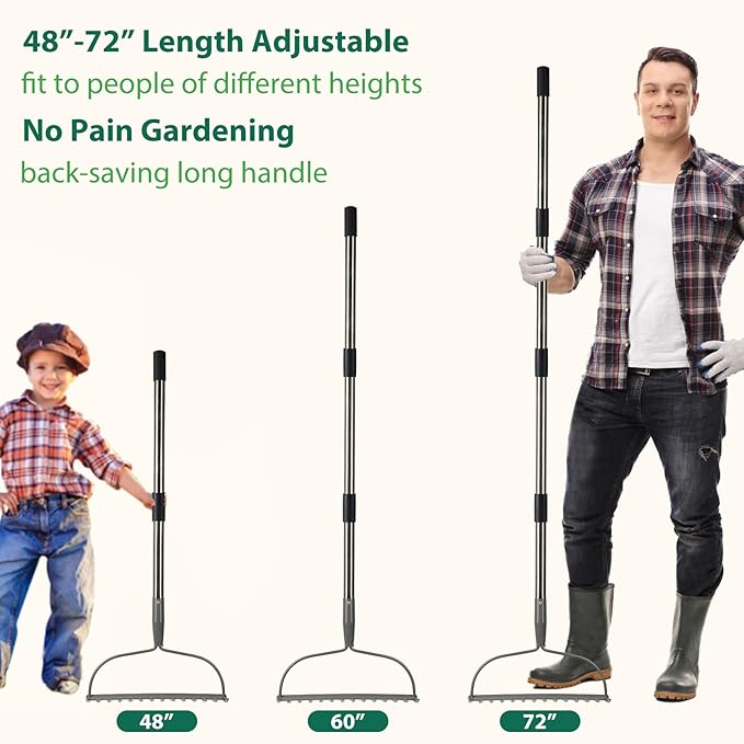Rake for Leaves, Garden Bow Rake Heavy Duty, 48 in Leaf Rakes for Lawns, Yard Gardening Tools with Back-Saving Handle, 14 Metal Tines Head for Loosen Soil, Clear Gravel Grass Rock, Level Mulch
