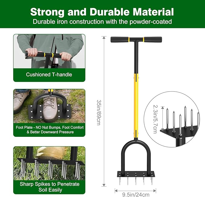Lawn Aerator Tool - Grass & Soil Aerator for Lawn & Yard Care, Durable Manual Lawn Aerator for Healthy Grass, Compact Soil & Easy-to-Use Spike Plug Aerator