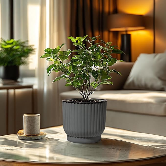 T4U 7 Inch Self Watering Pots for Indoor Plants, 4 Pack Gray Plastic Flower Pots for All House Plants, Flowers, African Violets