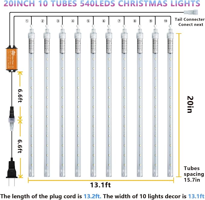 Meteor Shower Christmas Lights - Orange 10 Tube 540 LED 20 Inch Icicle Lights for Halloween Outdoor Tree Patio Garden Roof Eaves Decor