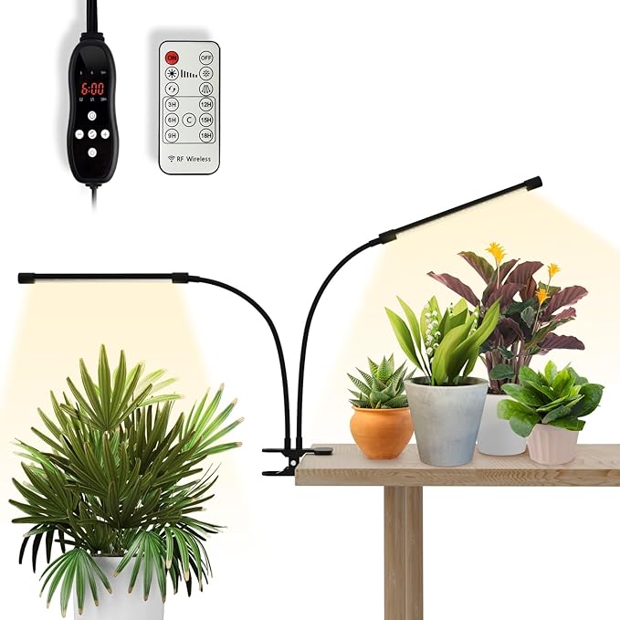 GLOWRIUM Plant Light, LED Grow Lights for Indoor Plants, Clip Plant Light with LCD Display Timer, Full Spectrum Suitable for Any Growth Stage of Plants, 10 Dimmable Levels, Remote Control (2 Strips)